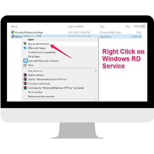 Step 1: Download the Morpho RD Service for Windows,then extract the folder and click on the “Windows RD Service” to run under administrative privilege.