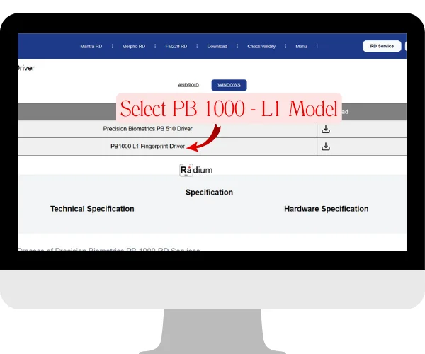 Step 2: Select PB 1000 - L1 Model  On the next page, ensure "Windows" is selected and then click on the download icon next to PB1000 L1 Fingerprint Driver.